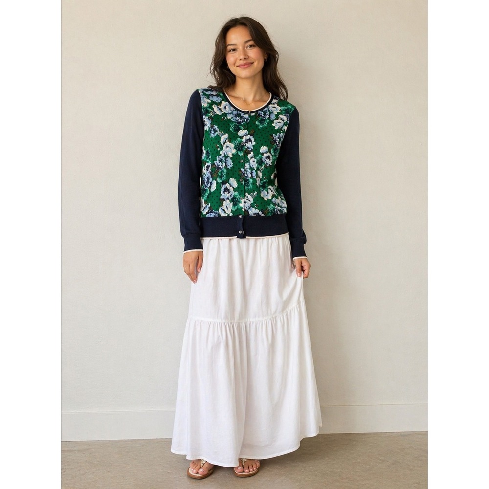 Lands' End Navy Floral Front-Panel Cardigan